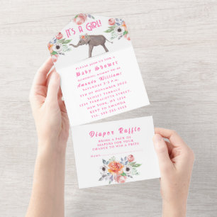 Cute Elephant Flowers Pink It's a Girl Baby Shower All In One Invitation