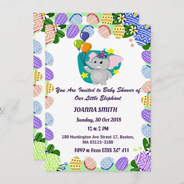 Cute Elephant Flying Balloons Baby Shower Invitation (Front/Back)