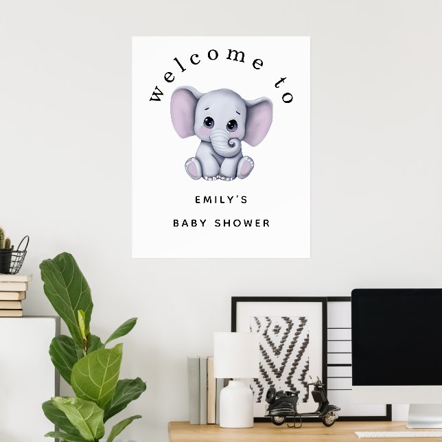 Cute Elephant Gender Neutral Welcome Baby Shower Poster (Home Office)
