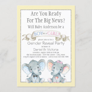 Cute Elephant Gender Reveal Baby Shower Invitation