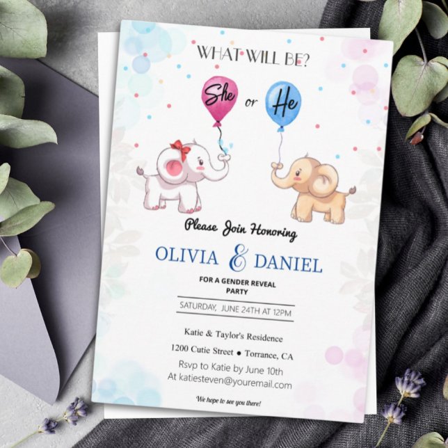 Cute Elephant Gender Reveal  Invitation (Creator Uploaded)