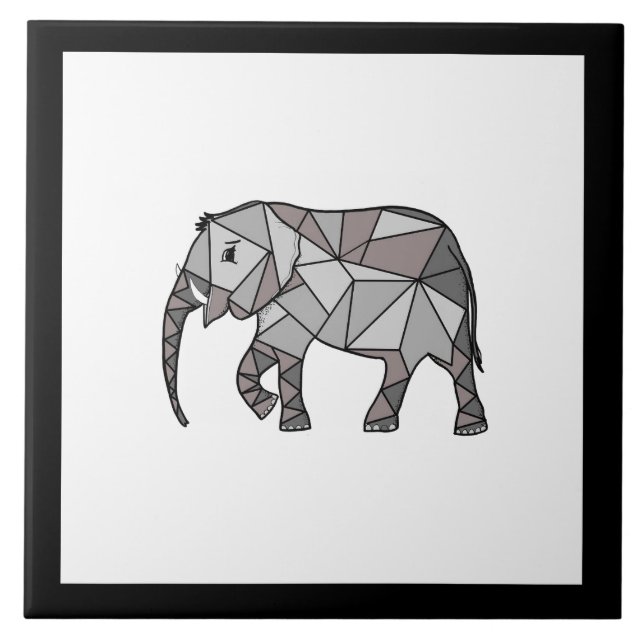 Cute Elephant Geometric Black and White Ceramic Tile (Front)