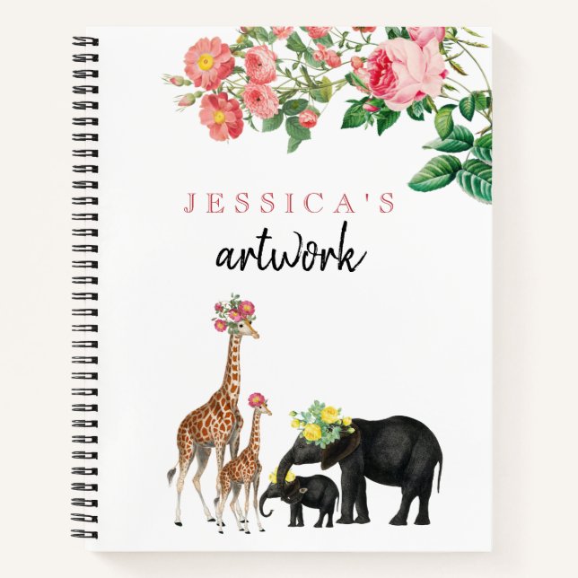 Cute Elephant Giraffe Baby Girl Artwork Sketchbook Notebook (Front)