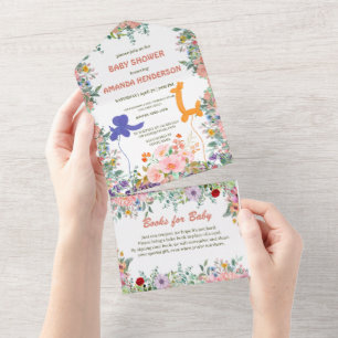 Cute elephant giraffe balloon floral baby shower  all in one invitation