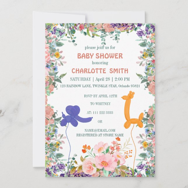Cute elephant giraffe balloon floral baby shower invitation (Front)