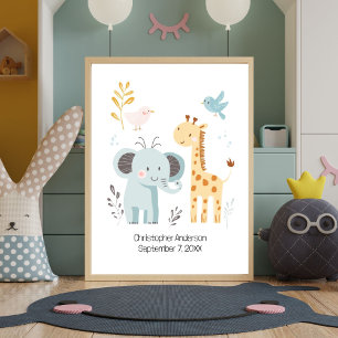  Cute Elephant Giraffe Birds Personalised Nursery  Poster