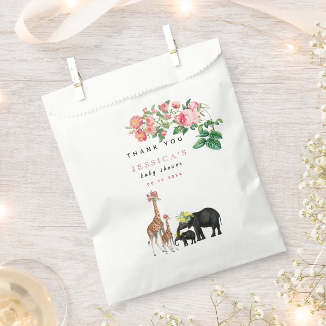 Cute Elephant & Giraffe Floral Baby Shower Girl Favour Bag (Clipped)