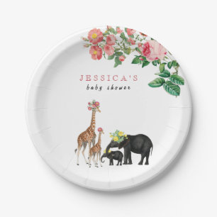 Cute Elephant & Giraffe Floral Baby Shower Girl Paper Plate