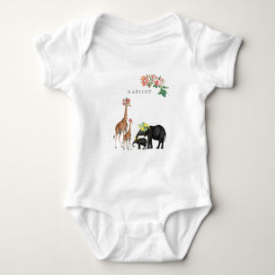 Cute Elephant & Giraffe Floral Custom Baby Name Bodysuit