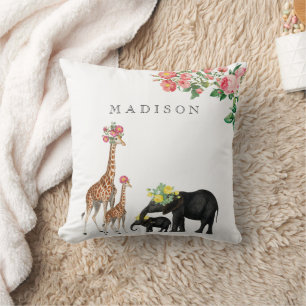 Cute Elephant & Giraffe Floral Custom Baby Name Cushion
