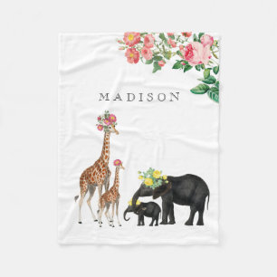 Cute Elephant & Giraffe Floral Custom Baby Name Fleece Blanket