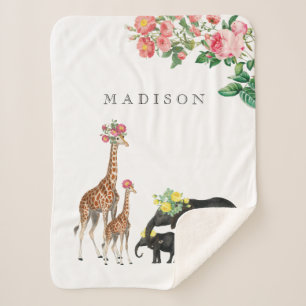 Cute Elephant & Giraffe Floral Custom Baby Name Sherpa Blanket