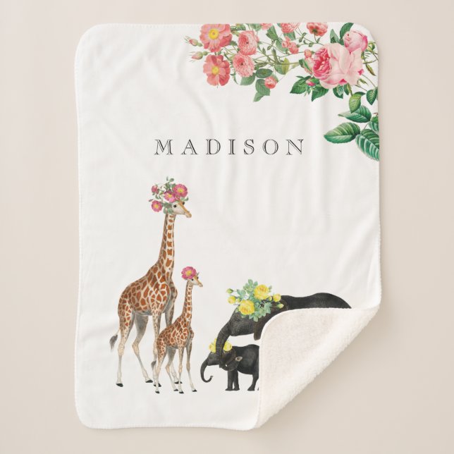 Cute Elephant & Giraffe Floral Custom Baby Name Sherpa Blanket (Front)