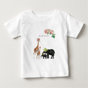 Cute Elephant & Giraffe Floral Custom Baby Name T-Shirt