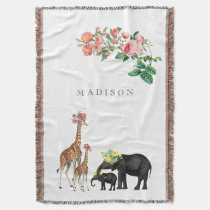 Cute Elephant & Giraffe Floral Custom Baby Name Throw Blanket