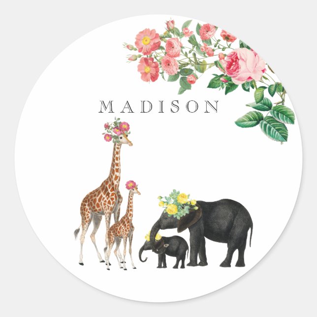 Cute Elephant & Giraffe Floral Custom Name Classic Round Sticker (Front)