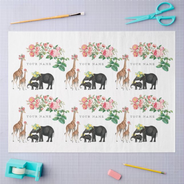 Cute Elephant & Giraffe Floral Custom Name Tissue Paper (Craft)