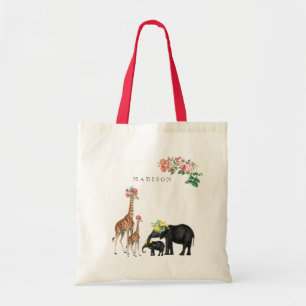 Cute Elephant & Giraffe Floral Custom Name Tote Bag