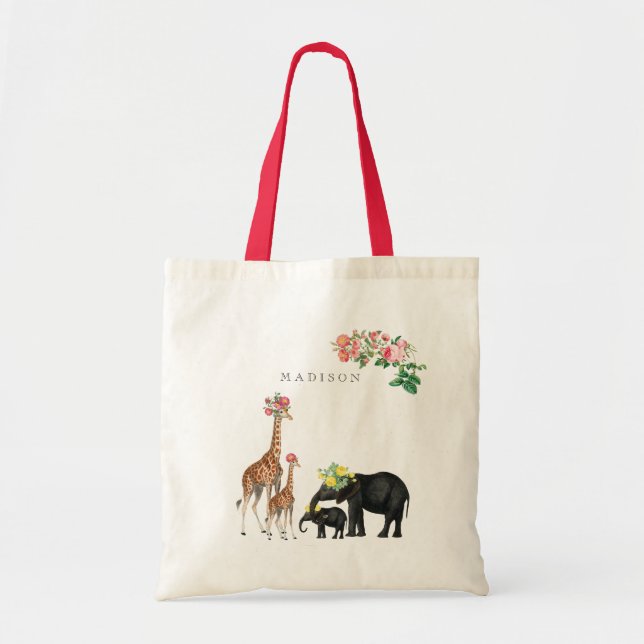 Cute Elephant & Giraffe Floral Custom Name Tote Bag (Front)