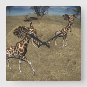 Cute Elephant Giraffes Square Wall Clock