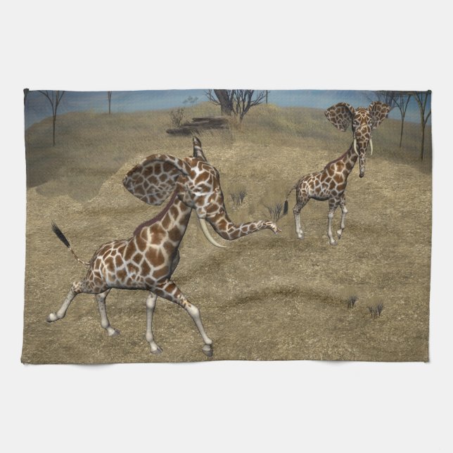 Cute Elephant Giraffes Tea Towel (Horizontal)