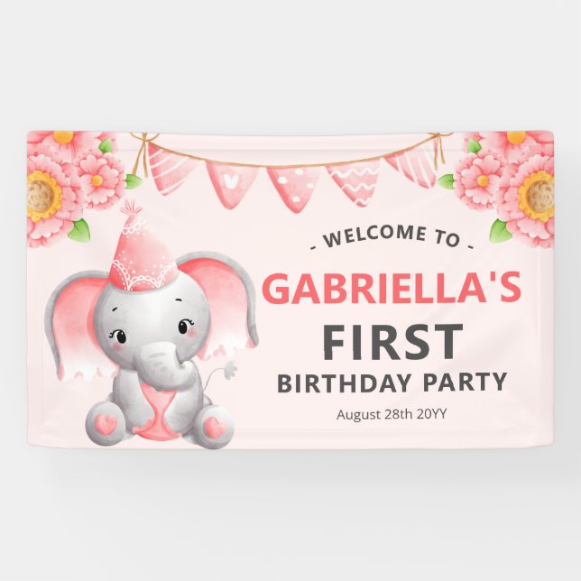 Cute Elephant Girl 1st Birthday Party Banner (Horizontal)