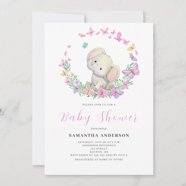 Cute Elephant Girl Baby Shower  Invitation (Front)