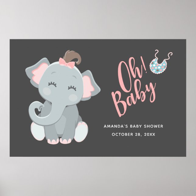 Cute Elephant Girl Baby Shower Poster (Front)