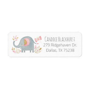 Cute Elephant Girl Baby Shower Return Address Label