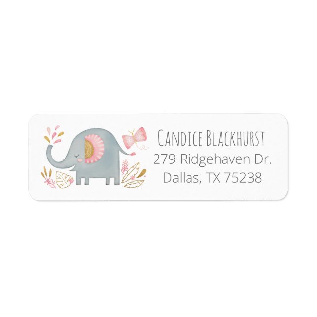 Cute Elephant Girl Baby Shower Return Address Label (Front)