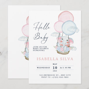 Cute Elephant Girl Balloon Baby Shower Invitation