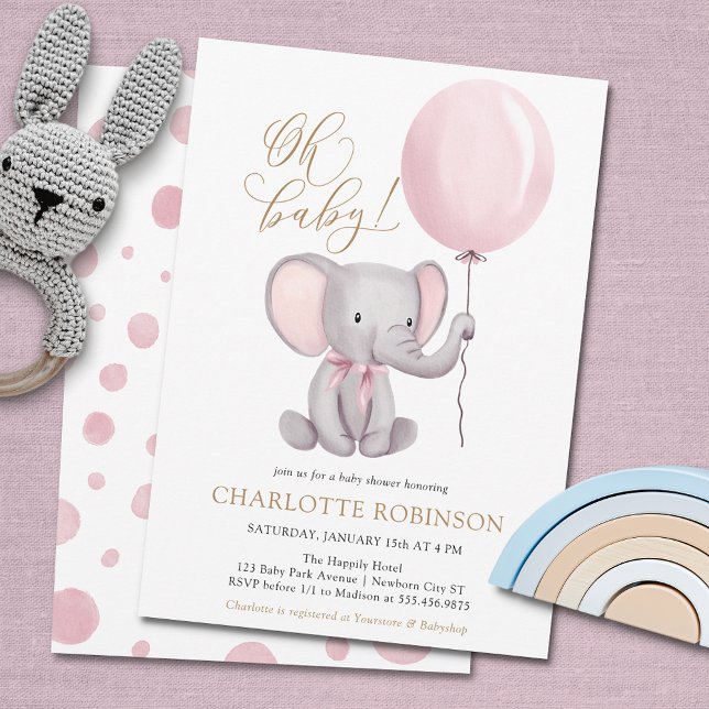 Cute Elephant Girl Balloon Baby Shower Invitation (Creator Uploaded)