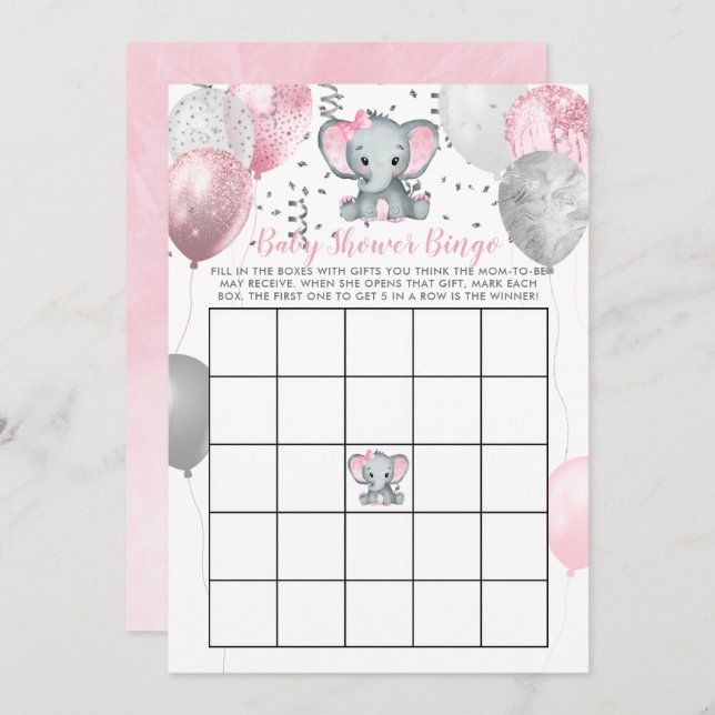 Cute Elephant Girl Balloons Baby Shower Bingo Card (Front/Back)