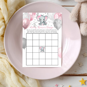 Cute Elephant Girl Balloons Baby Shower Bingo Card