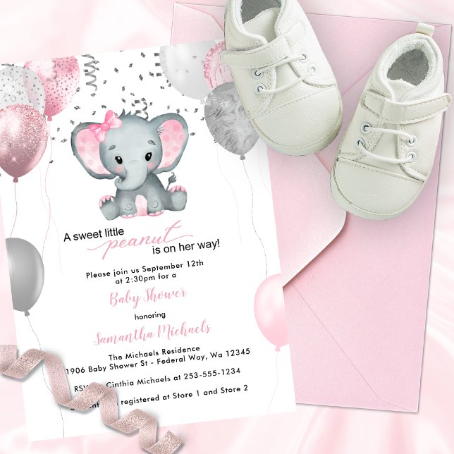 Cute Elephant Girl Balloons Baby Shower Invitation (Cute Elephant Girl Balloons Baby Shower Invitation)