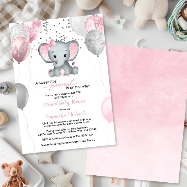 Cute Elephant Girl Balloons Virtual Baby Shower Invitation (Cute Elephant Girl Balloons Virtual Baby Shower Invitation
)