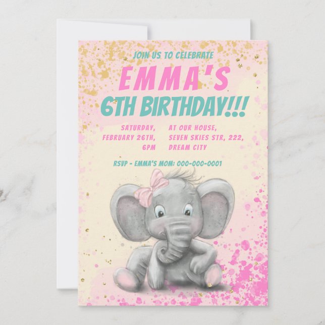 Cute elephant girl invitation (Front)