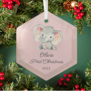 Cute Elephant Girls First Christmas Glass Tree Decoration