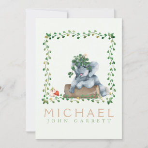 Cute elephant green baby boy photo birth announcement