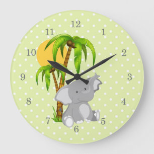 Cute Elephant Green Polka Dots Wall Clocks