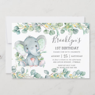 Cute Elephant Greenery Eucalyptus Birthday  Invitation