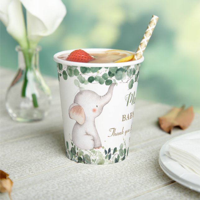 Cute Elephant Greenery Gender Neutral Baby Shower Paper Cups (Insitu)