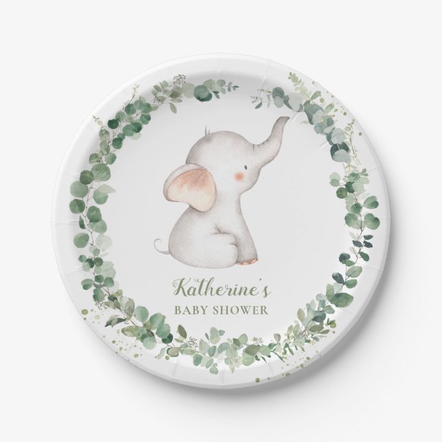 Cute Elephant Greenery Gender Neutral Baby Shower  Paper Plate (Front)