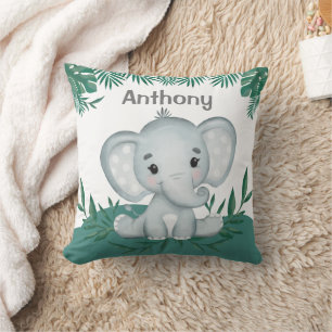 Cute Elephant Greenery Name Kids Cushion