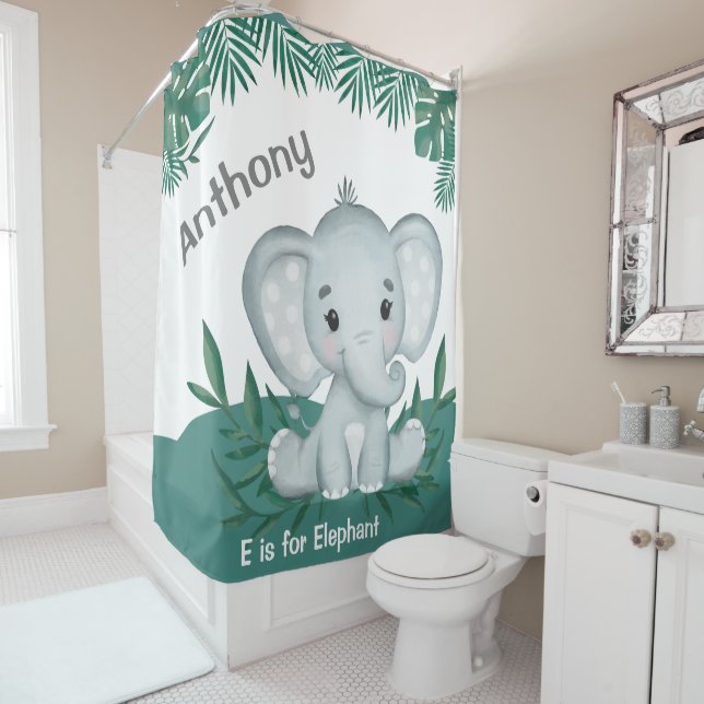 Cute Elephant Greenery Name Shower Curtain (In Situ)