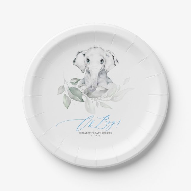 Cute Elephant Greenery Oh Boy Baby Shower Paper Plate (Front)
