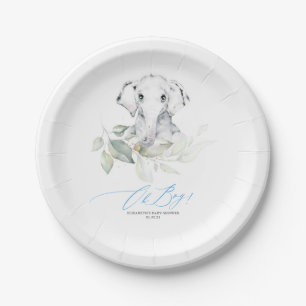 Cute Elephant Greenery Oh Boy Baby Shower Paper Plate