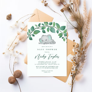 Cute Elephant Greenery Watercolor Baby Shower Invitation