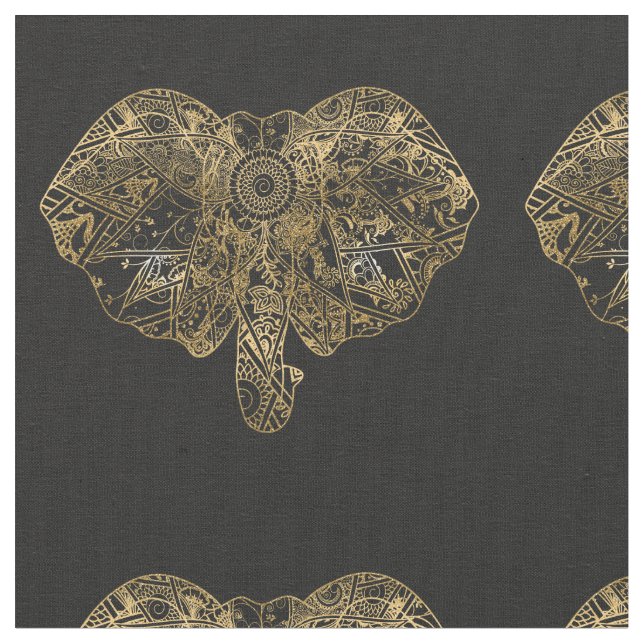 Cute Elephant hand drawn Henna floral Fabric (Close Up)