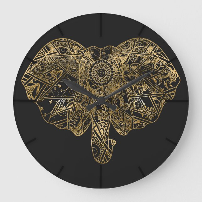 Cute Elephant hand drawn Henna floral Large Clock (Front)